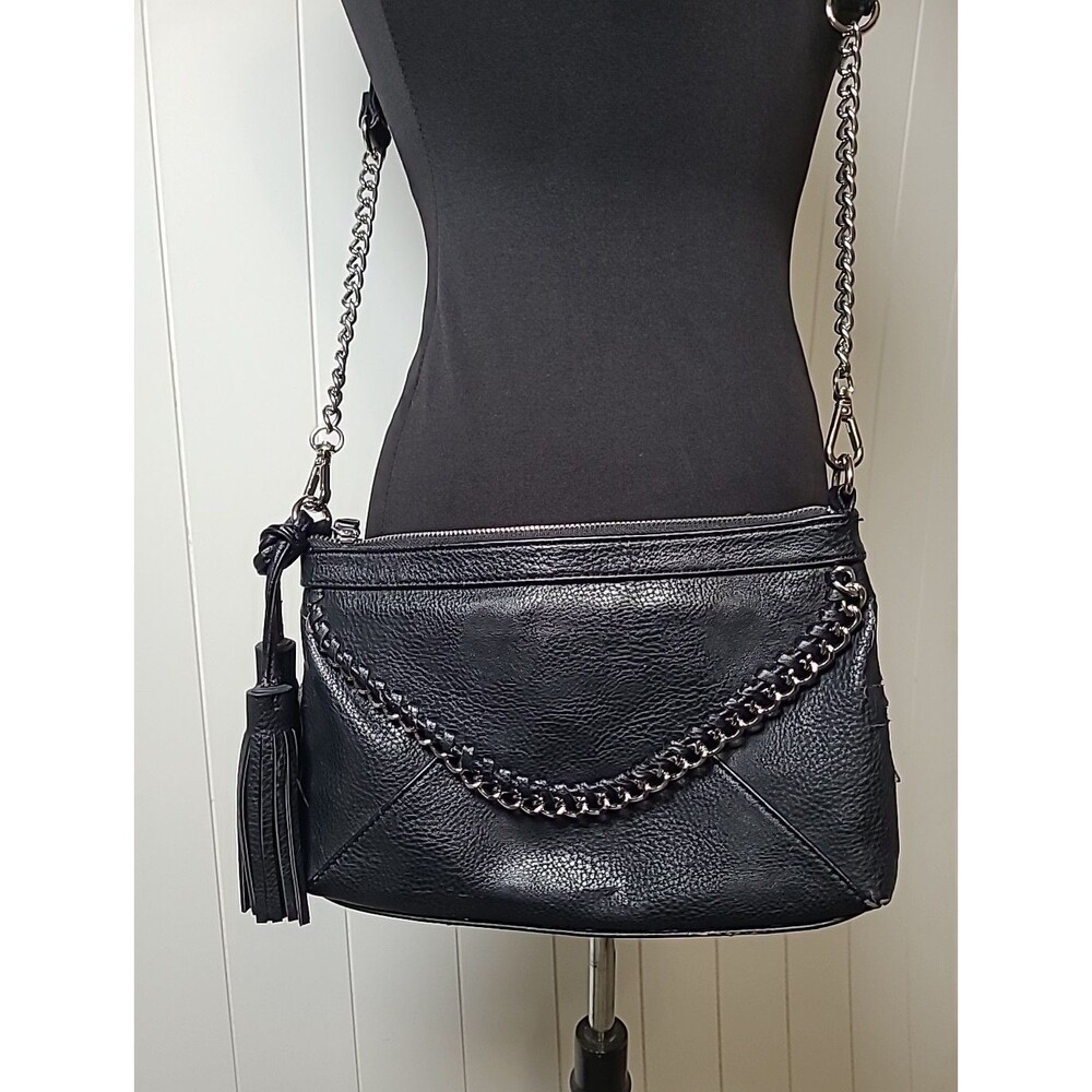 Carlos Santana Y2k Faux Leather Purse Handbag Black Zipper Boho Fringe Tassel